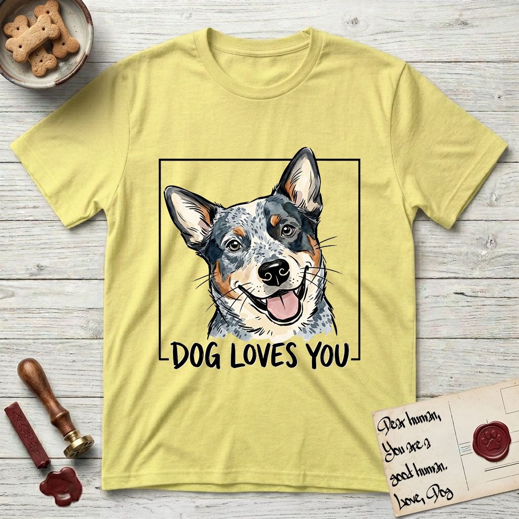 Dog Loves You Australian Cattle Dog T-Shirt flat lay in Cornsilk, featuring Ink and watercolor portrait of a smiling blue Australian Cattle Dog with a speckled coat, tan eyebrows and upright ears, head tilted inside a black frame above hand-lettered text reading DOG LOVES YOU.