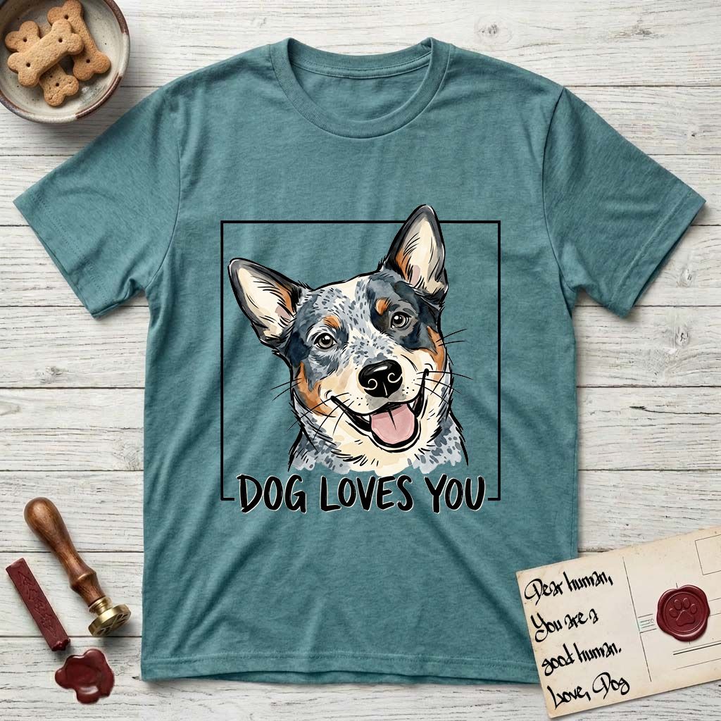 Dog Loves You Australian Cattle Dog T-Shirt flat lay in Heather Galapagos Blue, featuring Ink and watercolor portrait of a smiling blue Australian Cattle Dog with a speckled coat, tan eyebrows and upright ears, head tilted inside a black frame above hand-lettered text reading DOG LOVES YOU.