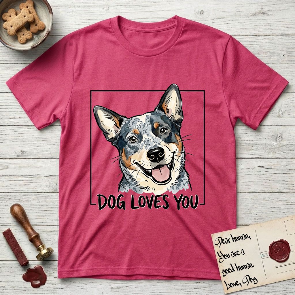 Dog Loves You Australian Cattle Dog T-Shirt flat lay in Heather Red, featuring Ink and watercolor portrait of a smiling blue Australian Cattle Dog with a speckled coat, tan eyebrows and upright ears, head tilted inside a black frame above hand-lettered text reading DOG LOVES YOU.
