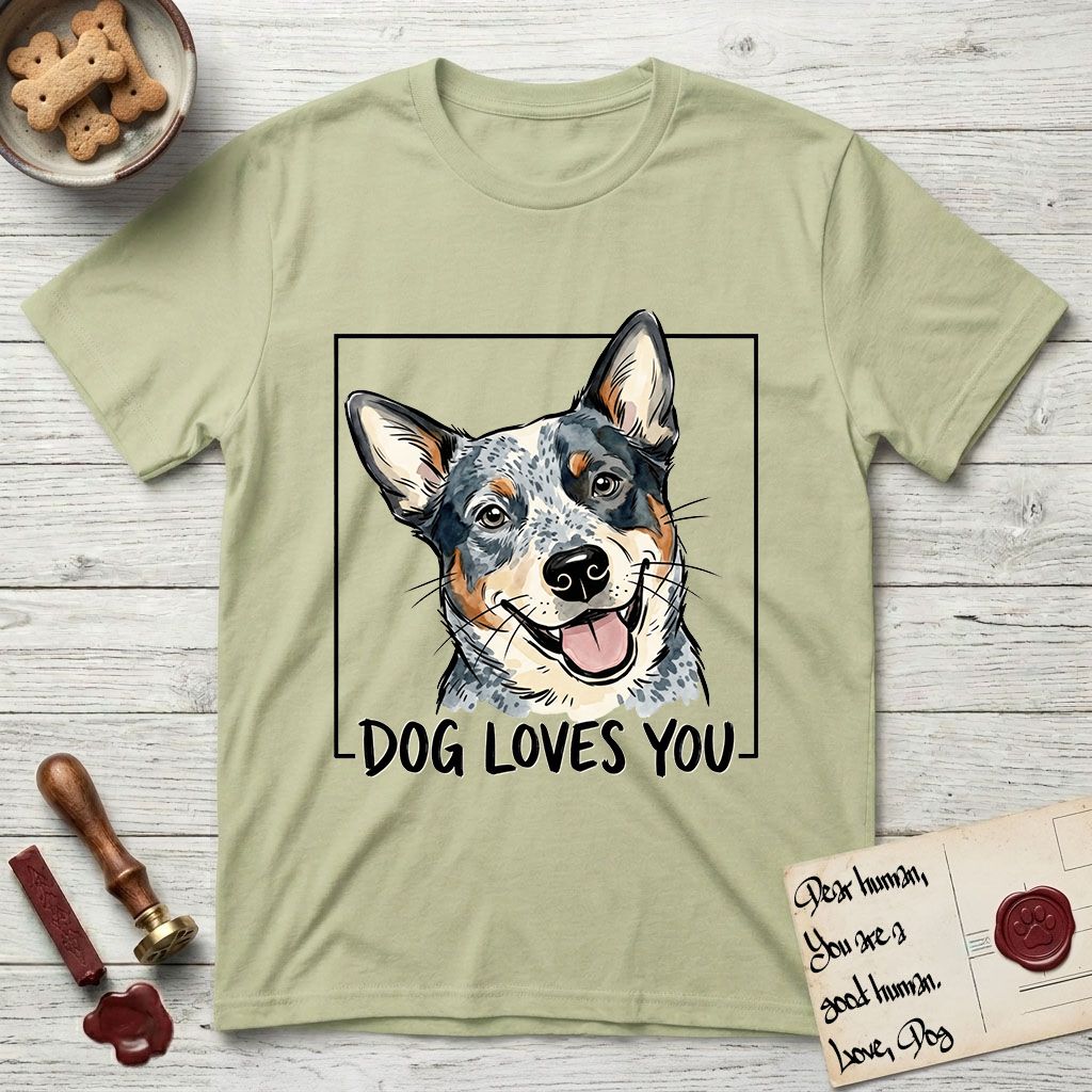 Dog Loves You Australian Cattle Dog T-Shirt flat lay in Pistachio, featuring Ink and watercolor portrait of a smiling blue Australian Cattle Dog with a speckled coat, tan eyebrows and upright ears, head tilted inside a black frame above hand-lettered text reading DOG LOVES YOU.