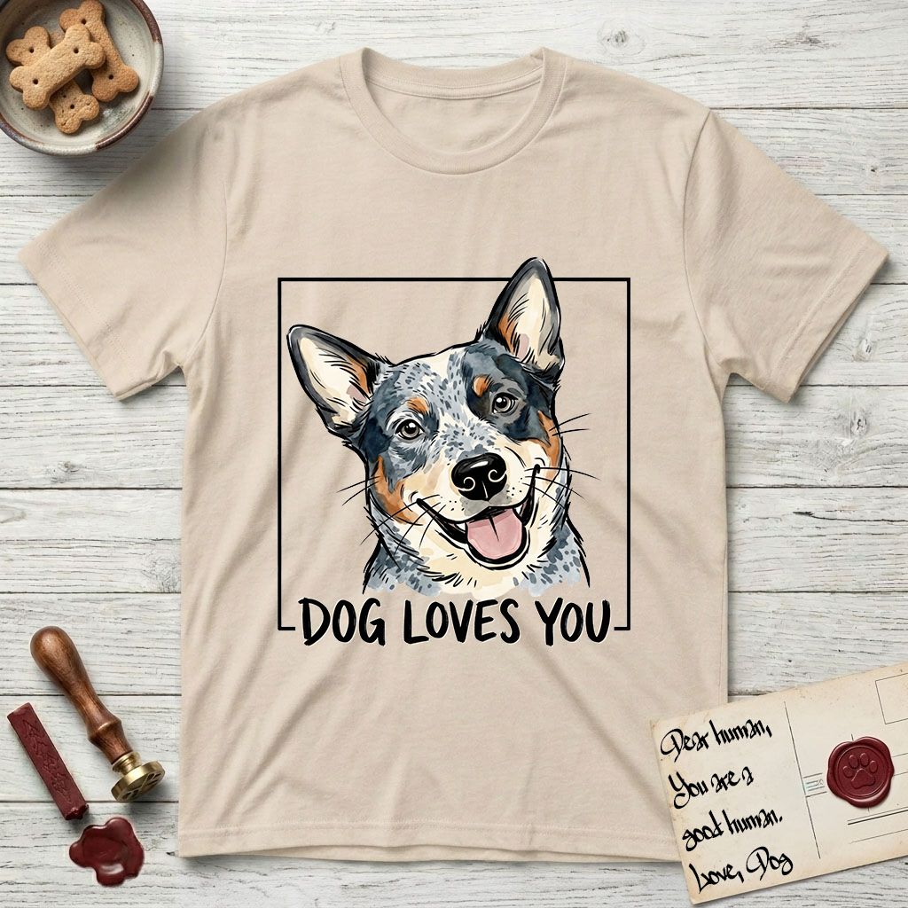 Dog Loves You Australian Cattle Dog T-Shirt flat lay in Sand, featuring Ink and watercolor portrait of a smiling blue Australian Cattle Dog with a speckled coat, tan eyebrows and upright ears, head tilted inside a black frame above hand-lettered text reading DOG LOVES YOU.