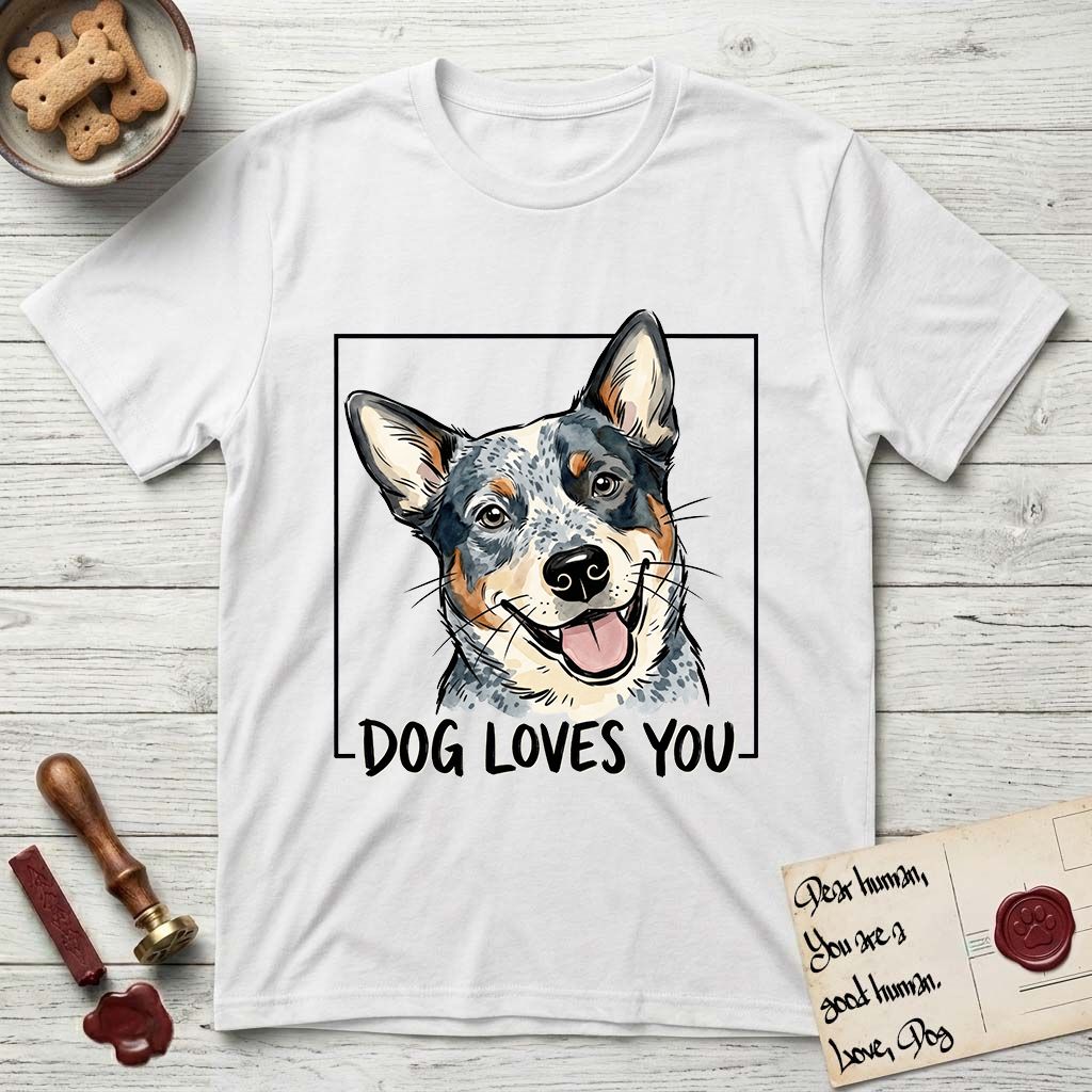 Dog Loves You Australian Cattle Dog T-Shirt flat lay in White, featuring Ink and watercolor portrait of a smiling blue Australian Cattle Dog with a speckled coat, tan eyebrows and upright ears, head tilted inside a black frame above hand-lettered text reading DOG LOVES YOU.