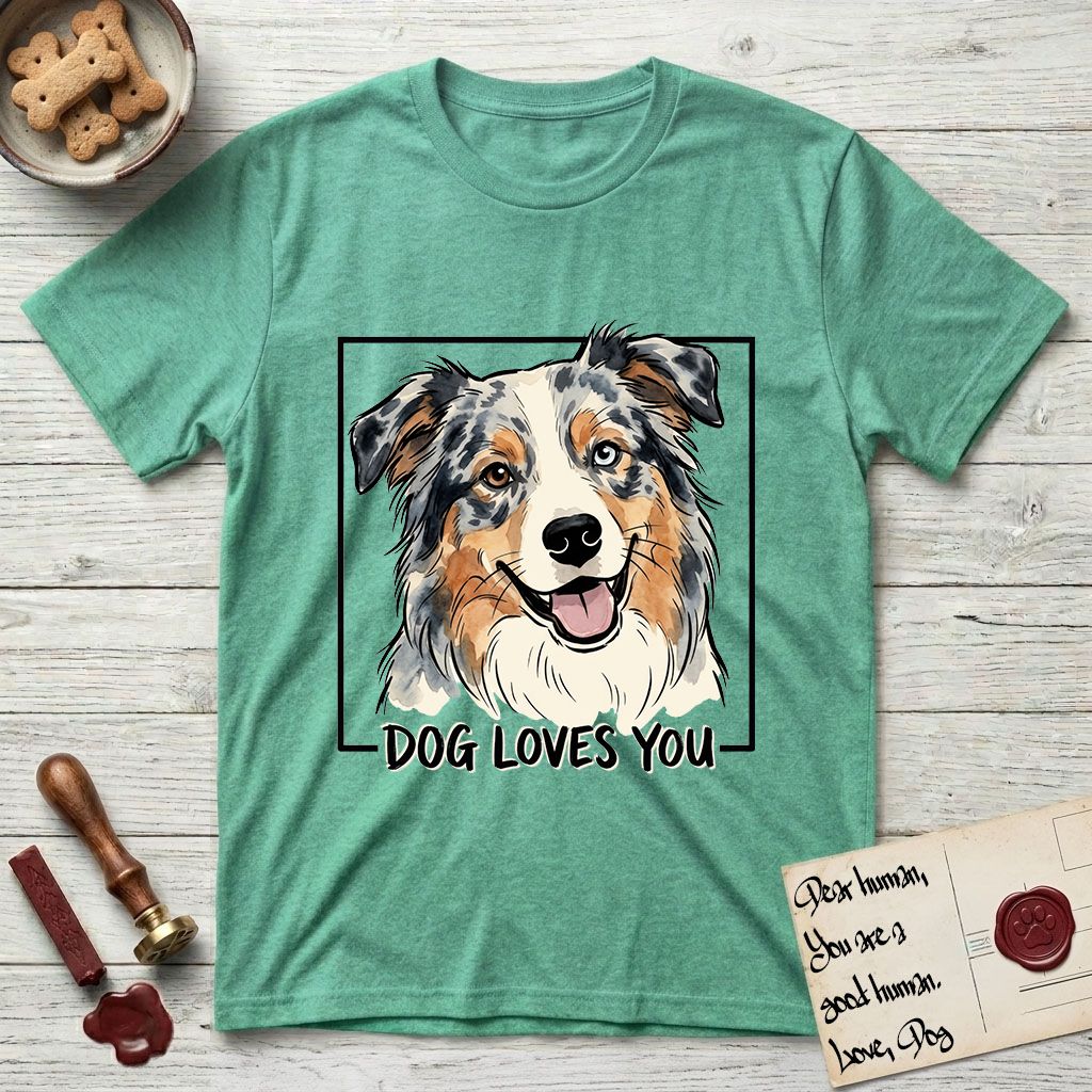Dog Loves You Australian Shepherd T-Shirt flat lay in Heather Irish Green, featuring Ink and watercolor portrait of a smiling blue merle Australian Shepherd with one brown eye and one blue eye and a cream blaze, head tilted inside a black frame above hand-lettered text reading DOG LOVES YOU.