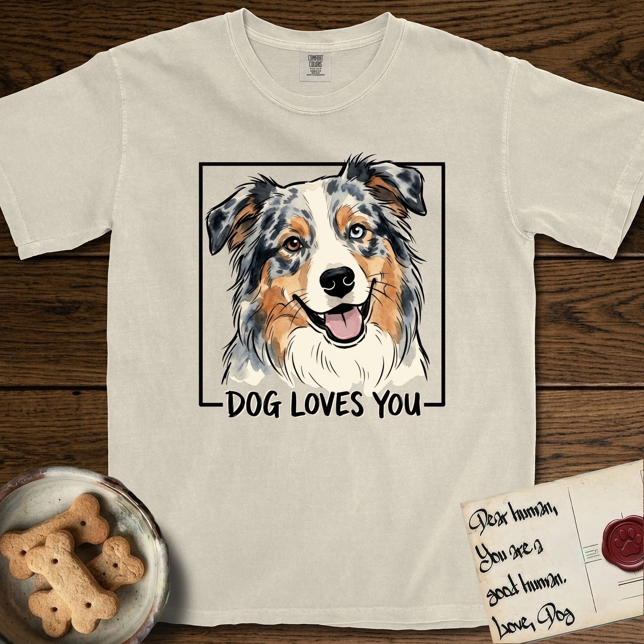Dog Loves You Australian Shepherd T-Shirt flat lay in Ivory, featuring Ink and watercolor portrait of a smiling blue merle Australian Shepherd with one brown eye and one blue eye and a cream blaze, head tilted inside a black frame above hand-lettered text reading DOG LOVES YOU.