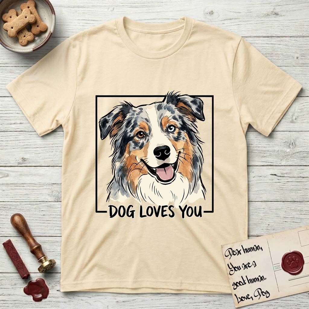 Dog Loves You Australian Shepherd T-Shirt flat lay in Natural, featuring Ink and watercolor portrait of a smiling blue merle Australian Shepherd with one brown eye and one blue eye and a cream blaze, head tilted inside a black frame above hand-lettered text reading DOG LOVES YOU.