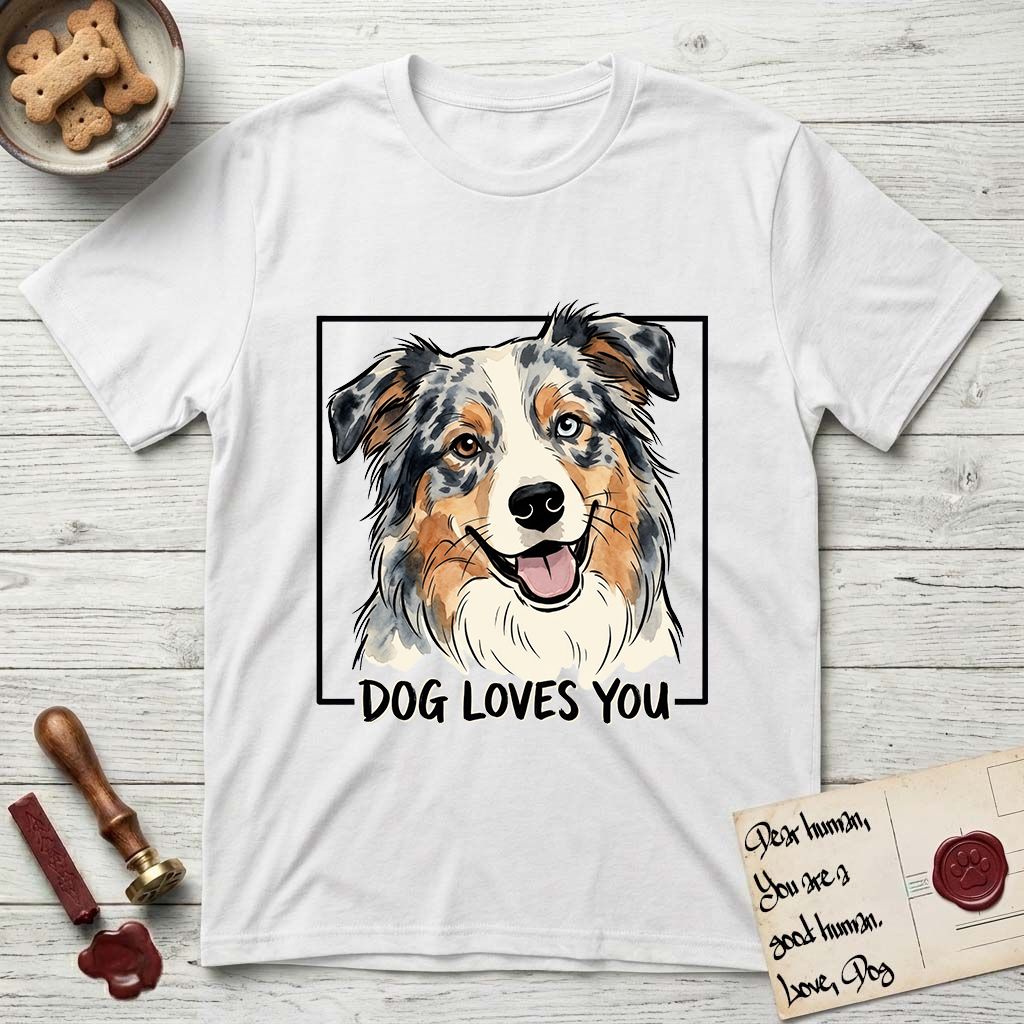 Dog Loves You Australian Shepherd T-Shirt flat lay in White, featuring Ink and watercolor portrait of a smiling blue merle Australian Shepherd with one brown eye and one blue eye and a cream blaze, head tilted inside a black frame above hand-lettered text reading DOG LOVES YOU.