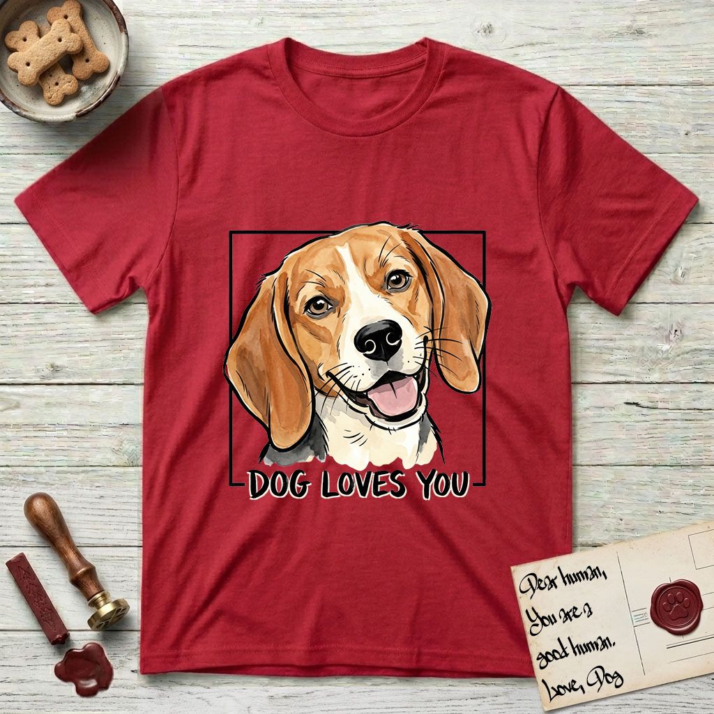 Dog Loves You Beagle T-Shirt flat lay in Cherry Red, featuring Ink and watercolor portrait of a smiling tricolor Beagle with long hanging ears and a cream blaze, head tilted inside a black frame above hand-lettered text reading DOG LOVES YOU.