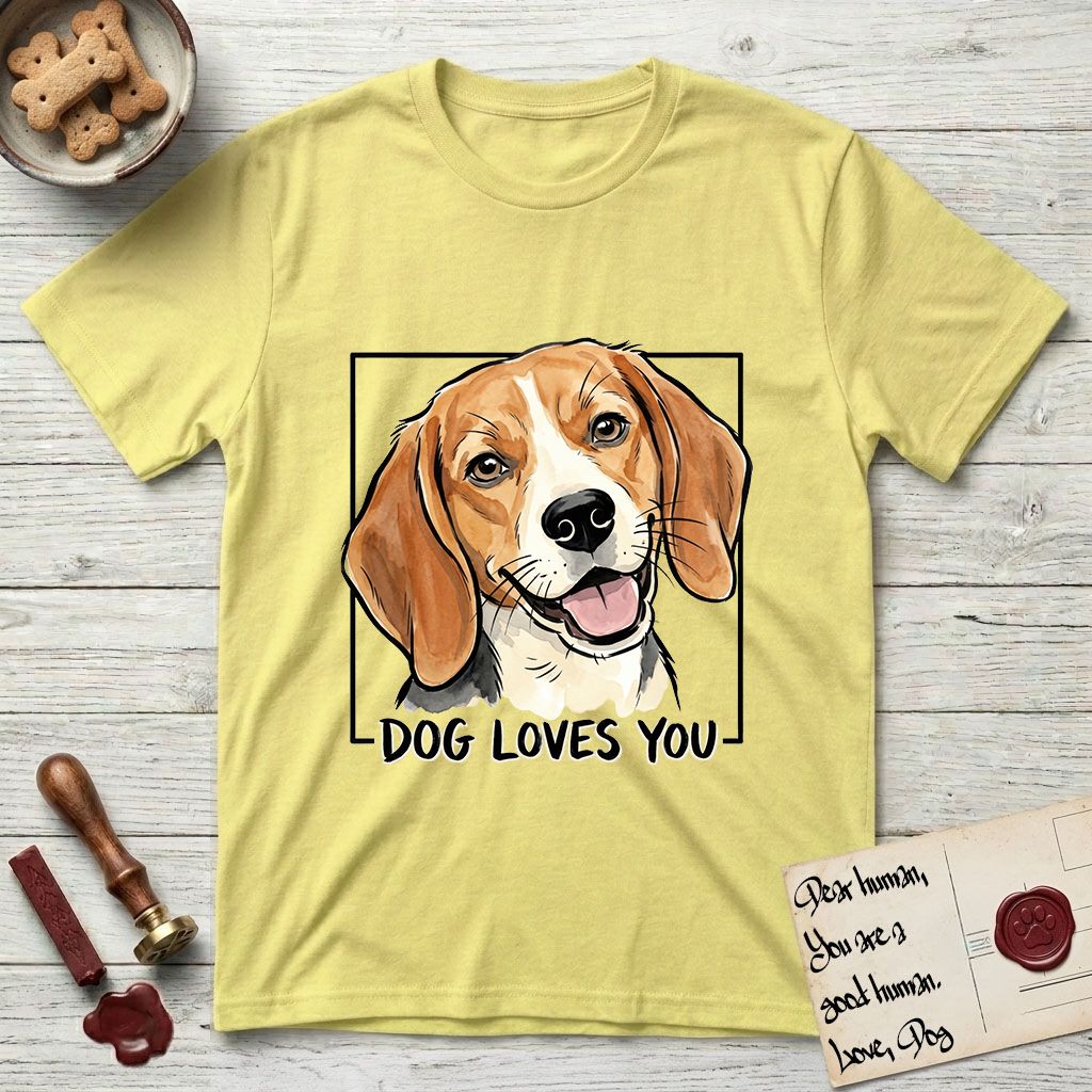 Dog Loves You Beagle T-Shirt flat lay in Cornsilk, featuring Ink and watercolor portrait of a smiling tricolor Beagle with long hanging ears and a cream blaze, head tilted inside a black frame above hand-lettered text reading DOG LOVES YOU.