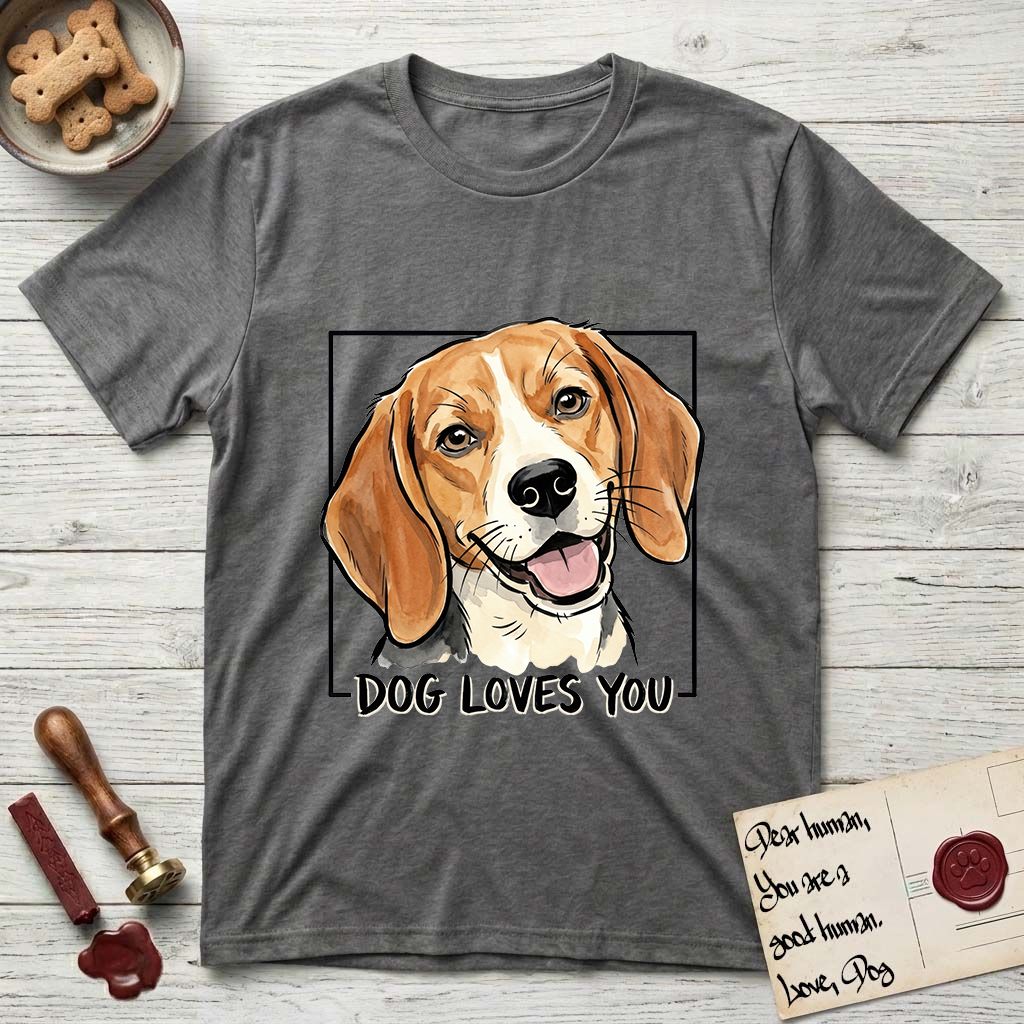 Dog Loves You Beagle T-Shirt flat lay in Dark Heather, featuring Ink and watercolor portrait of a smiling tricolor Beagle with long hanging ears and a cream blaze, head tilted inside a black frame above hand-lettered text reading DOG LOVES YOU.