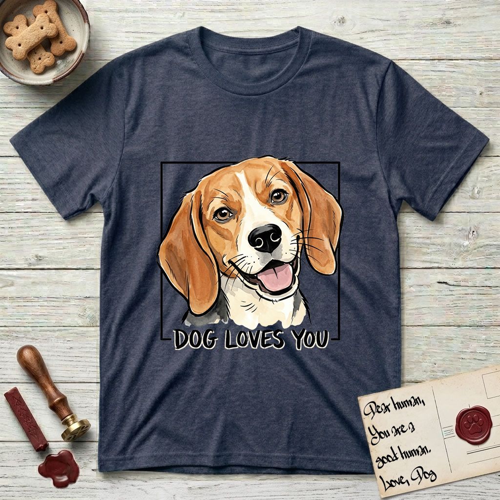 Dog Loves You Beagle T-Shirt flat lay in Heather Navy, featuring Ink and watercolor portrait of a smiling tricolor Beagle with long hanging ears and a cream blaze, head tilted inside a black frame above hand-lettered text reading DOG LOVES YOU.