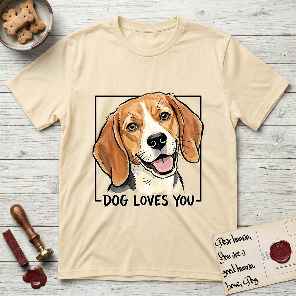 Dog Loves You Beagle T-Shirt flat lay in Natural, featuring Ink and watercolor portrait of a smiling tricolor Beagle with long hanging ears and a cream blaze, head tilted inside a black frame above hand-lettered text reading DOG LOVES YOU.