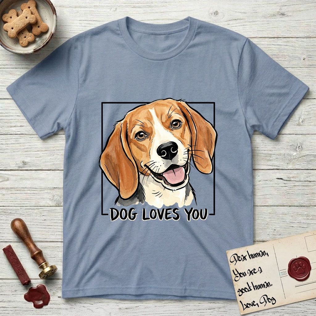 Dog Loves You Beagle T-Shirt flat lay in Stone Blue, featuring Ink and watercolor portrait of a smiling tricolor Beagle with long hanging ears and a cream blaze, head tilted inside a black frame above hand-lettered text reading DOG LOVES YOU.