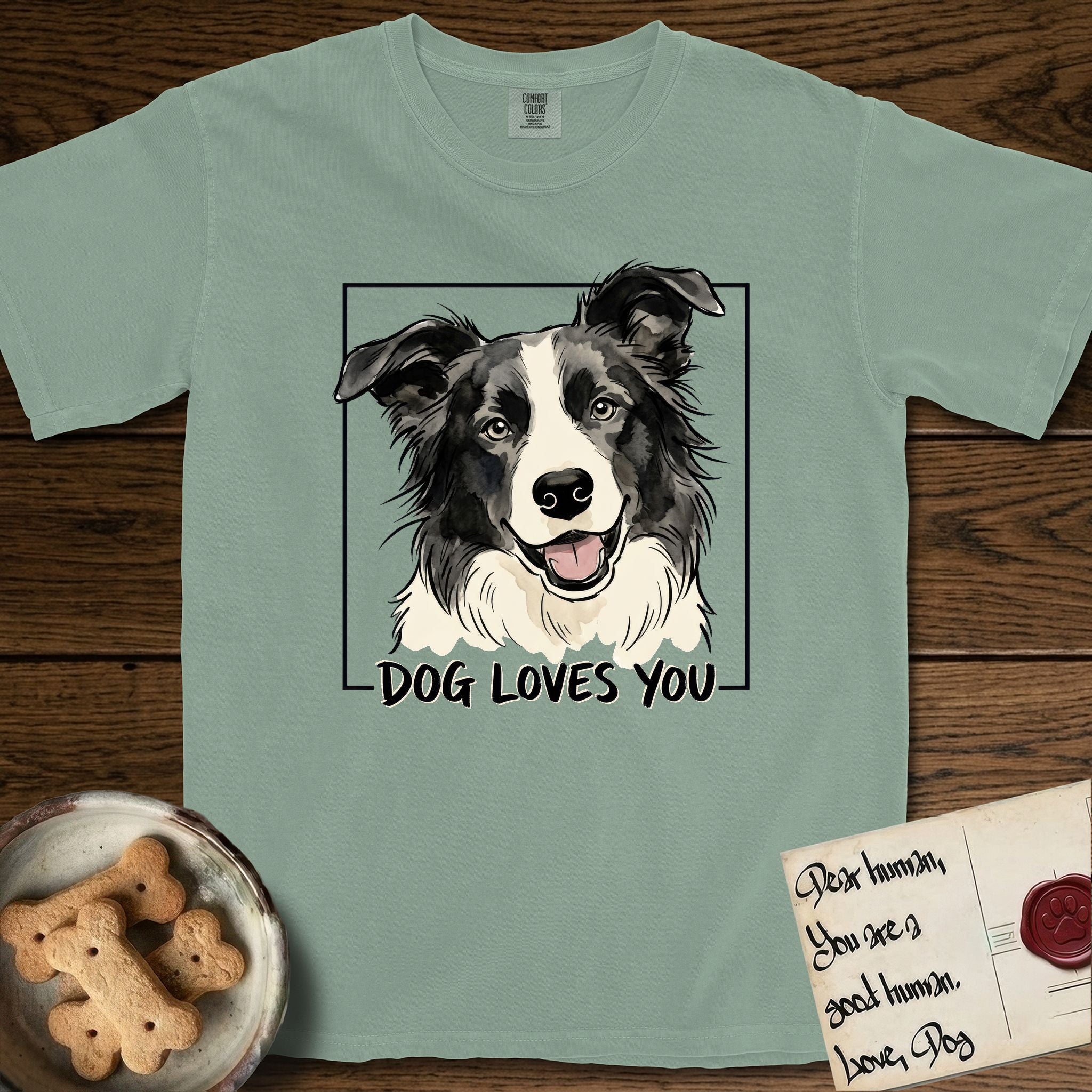 Dog Loves You Border Collie T-Shirt flat lay in Bay, featuring Ink and watercolor portrait of a smiling black and white Border Collie with a cream blaze and semi-erect ears, head tilted inside a black frame above hand-lettered text reading DOG LOVES YOU.