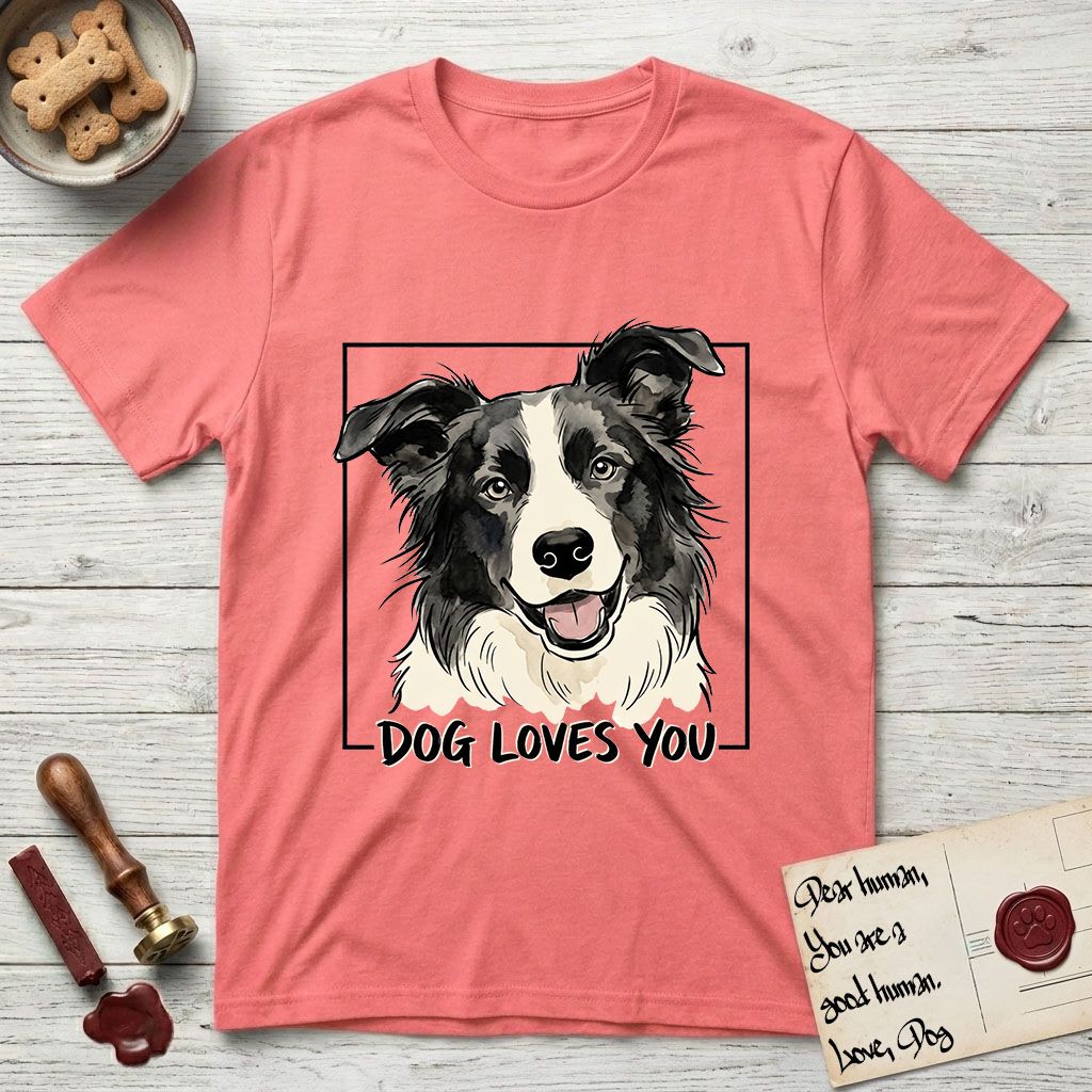 Dog Loves You Border Collie T-Shirt flat lay in Coral Silk, featuring Ink and watercolor portrait of a smiling black and white Border Collie with a cream blaze and semi-erect ears, head tilted inside a black frame above hand-lettered text reading DOG LOVES YOU.