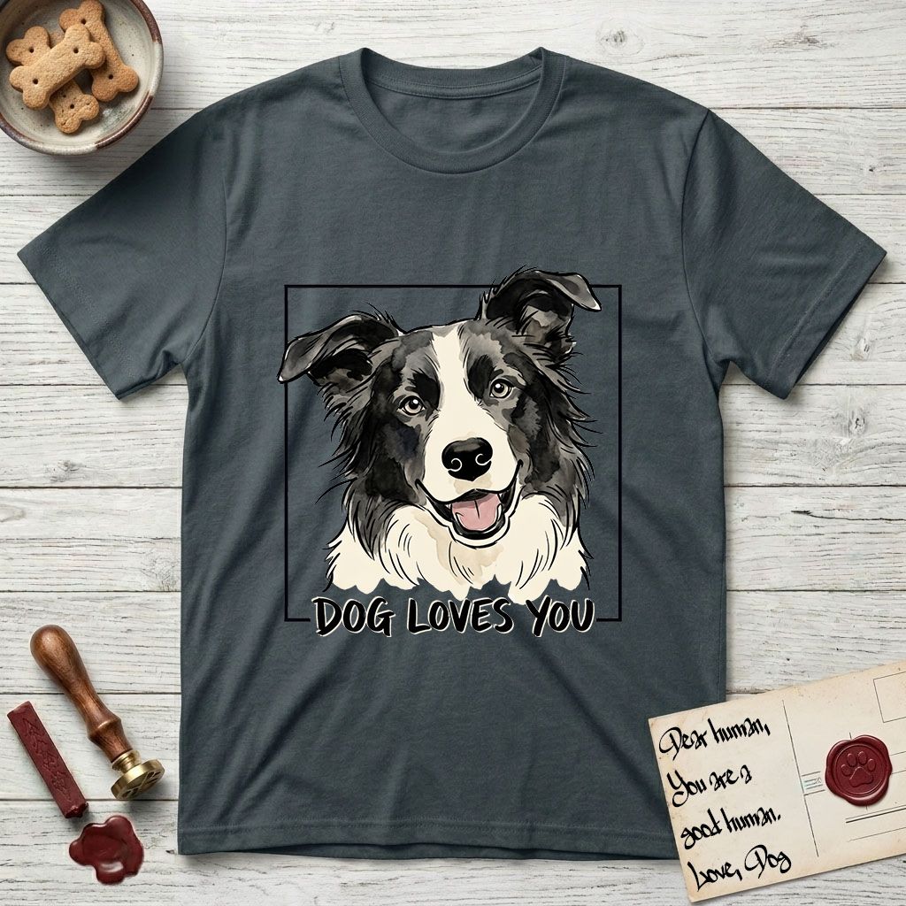 Dog Loves You Border Collie T-Shirt flat lay in Dark Heather Grey, featuring Ink and watercolor portrait of a smiling black and white Border Collie with a cream blaze and semi-erect ears, head tilted inside a black frame above hand-lettered text reading DOG LOVES YOU.
