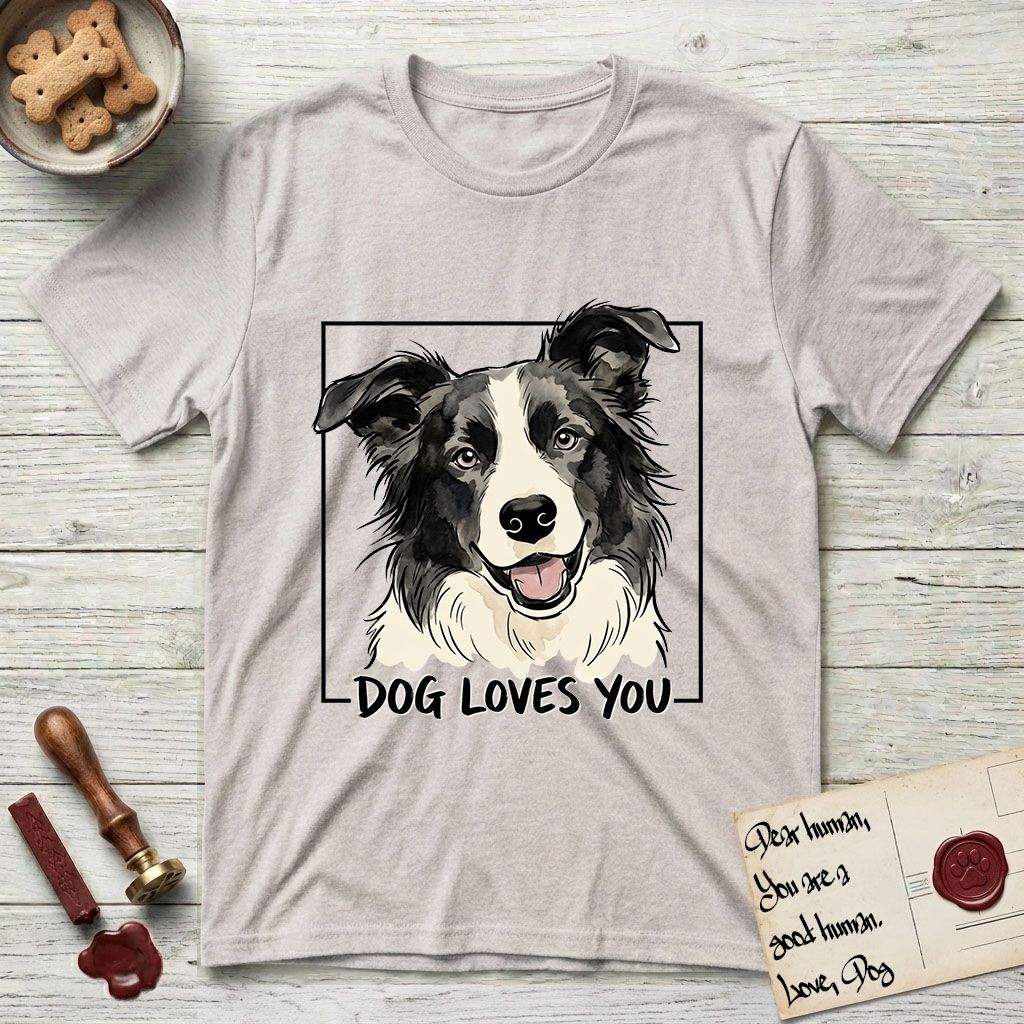 Dog Loves You Border Collie T-Shirt flat lay in Ice Grey, featuring Ink and watercolor portrait of a smiling black and white Border Collie with a cream blaze and semi-erect ears, head tilted inside a black frame above hand-lettered text reading DOG LOVES YOU.