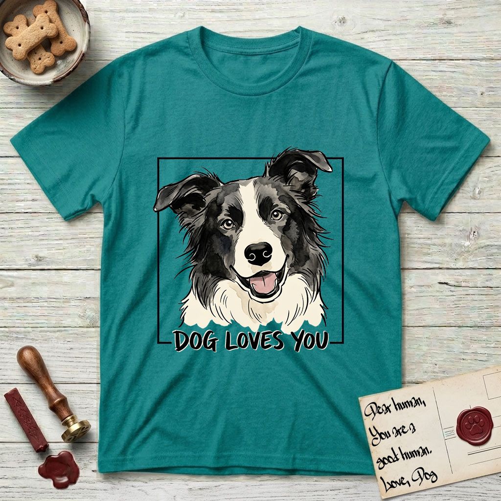 Dog Loves You Border Collie T-Shirt flat lay in Jade Dome, featuring Ink and watercolor portrait of a smiling black and white Border Collie with a cream blaze and semi-erect ears, head tilted inside a black frame above hand-lettered text reading DOG LOVES YOU.