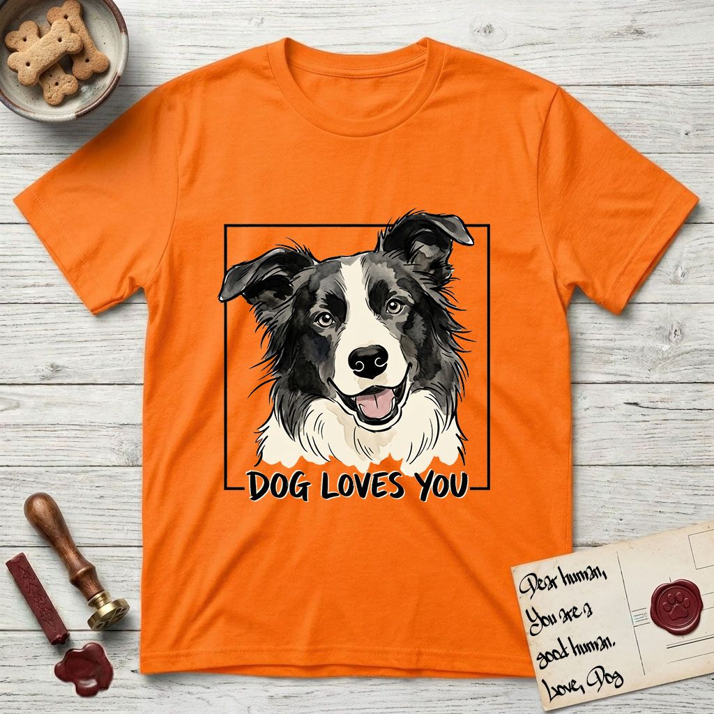 Dog Loves You Border Collie T-Shirt flat lay in Orange, featuring Ink and watercolor portrait of a smiling black and white Border Collie with a cream blaze and semi-erect ears, head tilted inside a black frame above hand-lettered text reading DOG LOVES YOU.