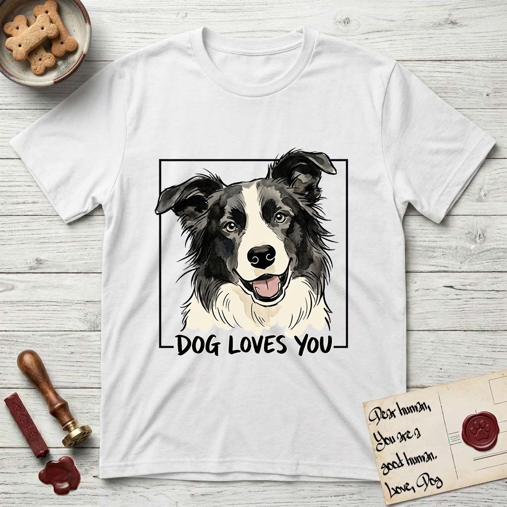 Dog Loves You Border Collie T-Shirt flat lay in White, featuring Ink and watercolor portrait of a smiling black and white Border Collie with a cream blaze and semi-erect ears, head tilted inside a black frame above hand-lettered text reading DOG LOVES YOU.