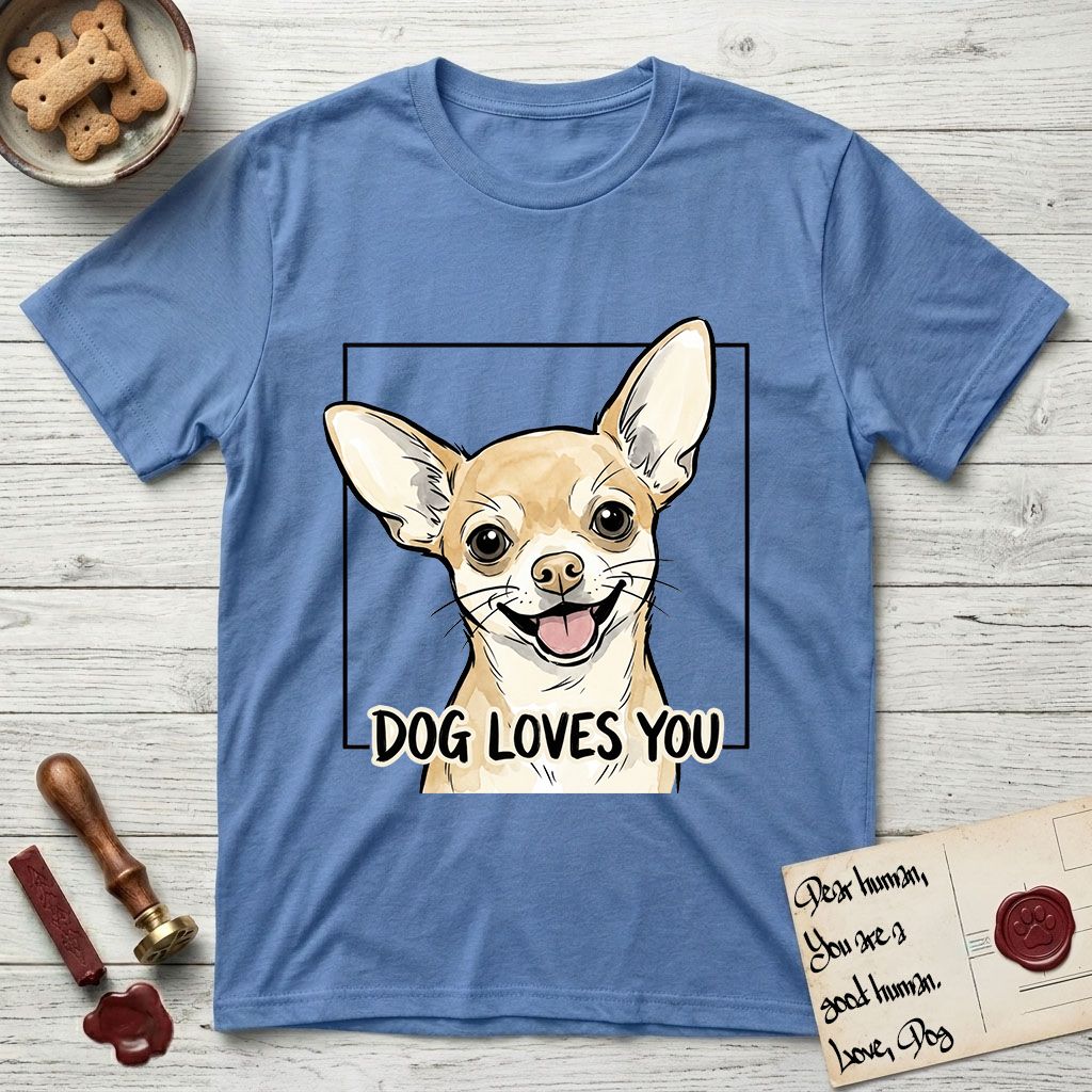 Dog Loves You Chihuahua T-Shirt flat lay in Carolina Blue, featuring Ink and watercolor portrait of a smiling fawn Chihuahua with enormous upright bat ears and big round dark eyes, head tilted inside a black frame above hand-lettered text reading DOG LOVES YOU.