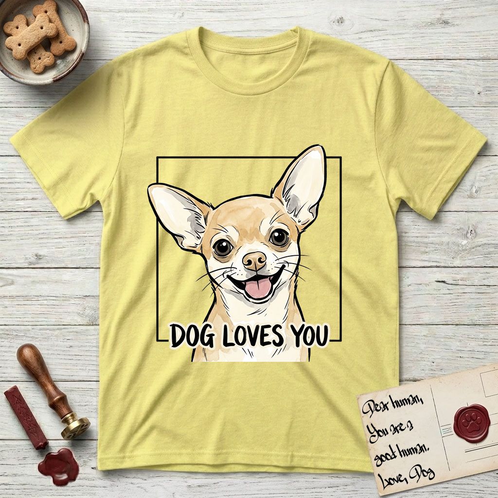Dog Loves You Chihuahua T-Shirt flat lay in Cornsilk, featuring Ink and watercolor portrait of a smiling fawn Chihuahua with enormous upright bat ears and big round dark eyes, head tilted inside a black frame above hand-lettered text reading DOG LOVES YOU.