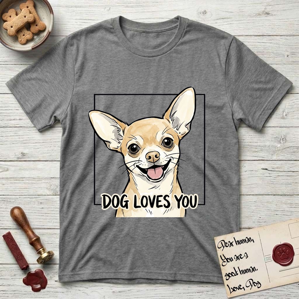 Dog Loves You Chihuahua T-Shirt flat lay in Graphite Heather, featuring Ink and watercolor portrait of a smiling fawn Chihuahua with enormous upright bat ears and big round dark eyes, head tilted inside a black frame above hand-lettered text reading DOG LOVES YOU.