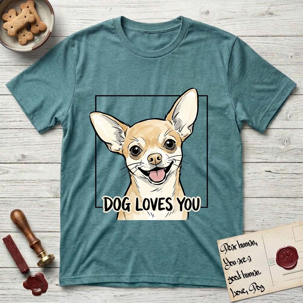 Dog Loves You Chihuahua T-Shirt flat lay in Heather Galapagos Blue, featuring Ink and watercolor portrait of a smiling fawn Chihuahua with enormous upright bat ears and big round dark eyes, head tilted inside a black frame above hand-lettered text reading DOG LOVES YOU.
