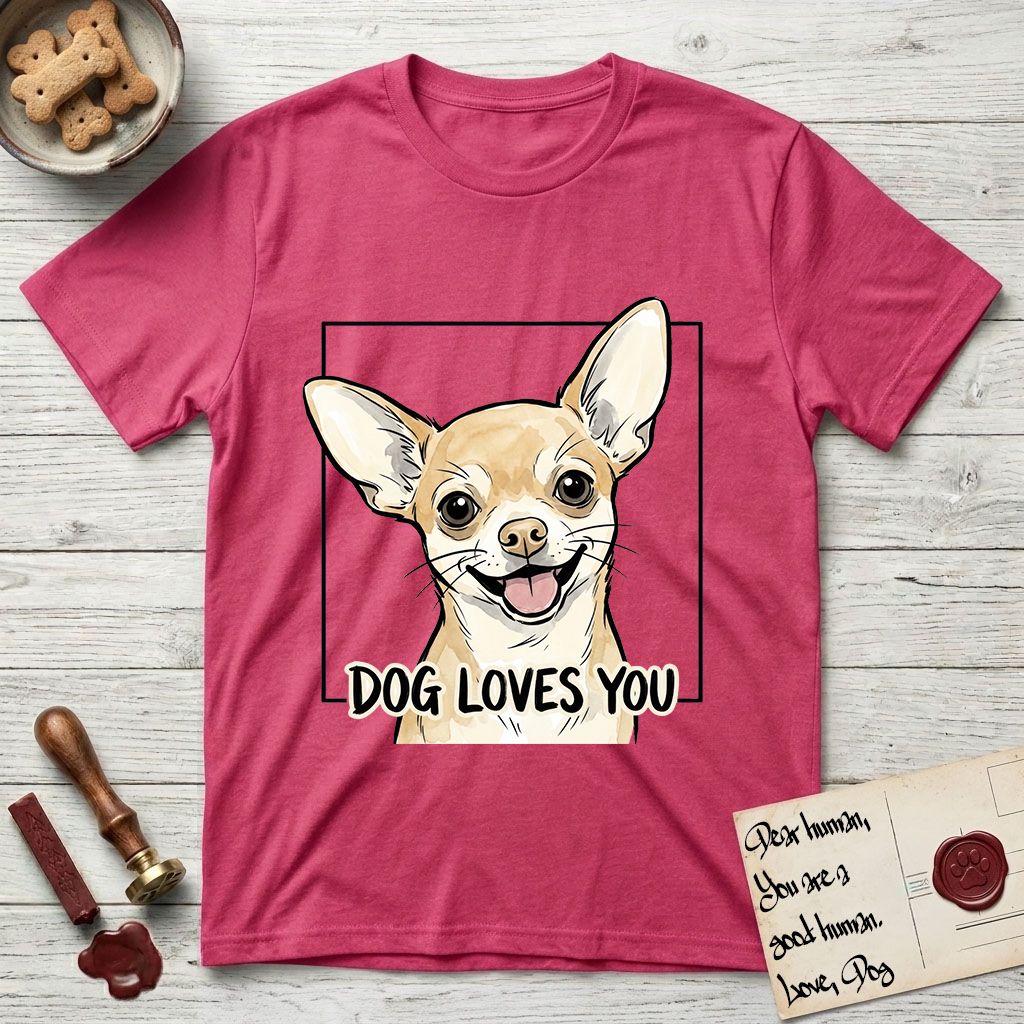 Dog Loves You Chihuahua T-Shirt flat lay in Heather Red, featuring Ink and watercolor portrait of a smiling fawn Chihuahua with enormous upright bat ears and big round dark eyes, head tilted inside a black frame above hand-lettered text reading DOG LOVES YOU.