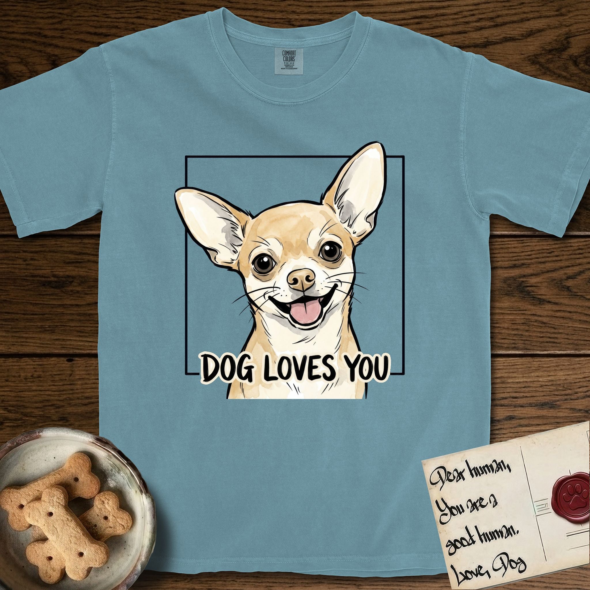 Dog Loves You Chihuahua T-Shirt flat lay in Ice Blue, featuring Ink and watercolor portrait of a smiling fawn Chihuahua with enormous upright bat ears and big round dark eyes, head tilted inside a black frame above hand-lettered text reading DOG LOVES YOU.