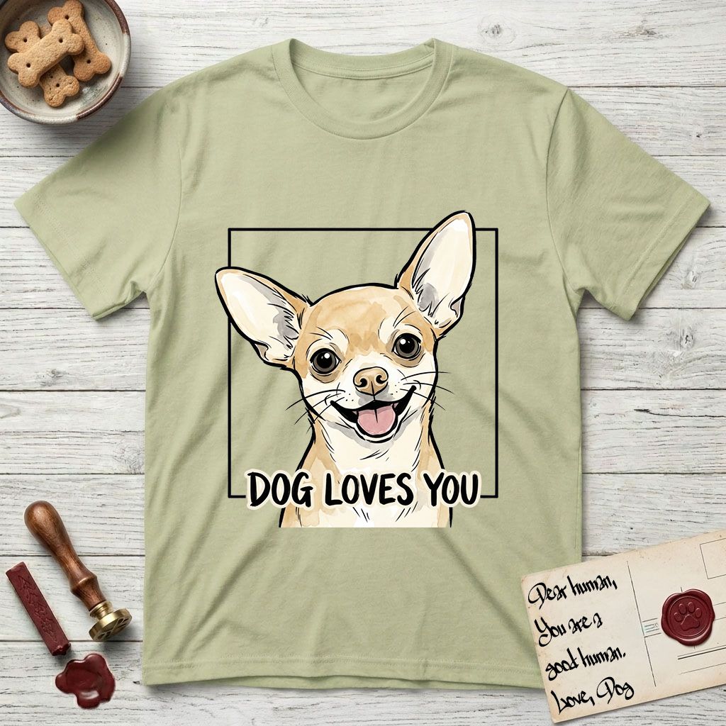 Dog Loves You Chihuahua T-Shirt flat lay in Pistachio, featuring Ink and watercolor portrait of a smiling fawn Chihuahua with enormous upright bat ears and big round dark eyes, head tilted inside a black frame above hand-lettered text reading DOG LOVES YOU.