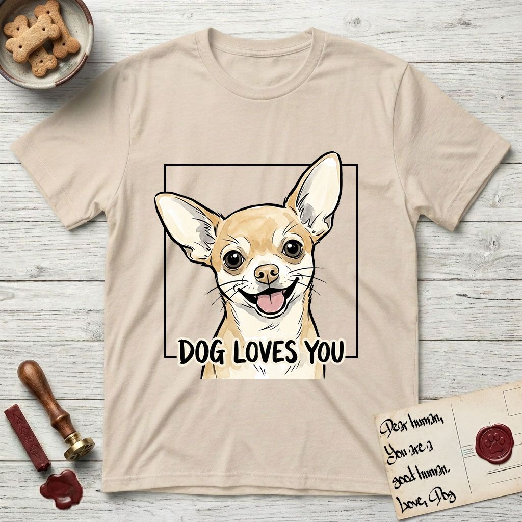 Dog Loves You Chihuahua T-Shirt flat lay in Sand, featuring Ink and watercolor portrait of a smiling fawn Chihuahua with enormous upright bat ears and big round dark eyes, head tilted inside a black frame above hand-lettered text reading DOG LOVES YOU.