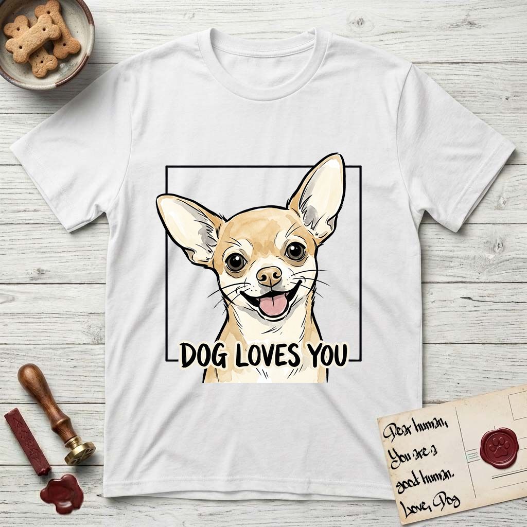 Dog Loves You Chihuahua T-Shirt flat lay in White, featuring Ink and watercolor portrait of a smiling fawn Chihuahua with enormous upright bat ears and big round dark eyes, head tilted inside a black frame above hand-lettered text reading DOG LOVES YOU.