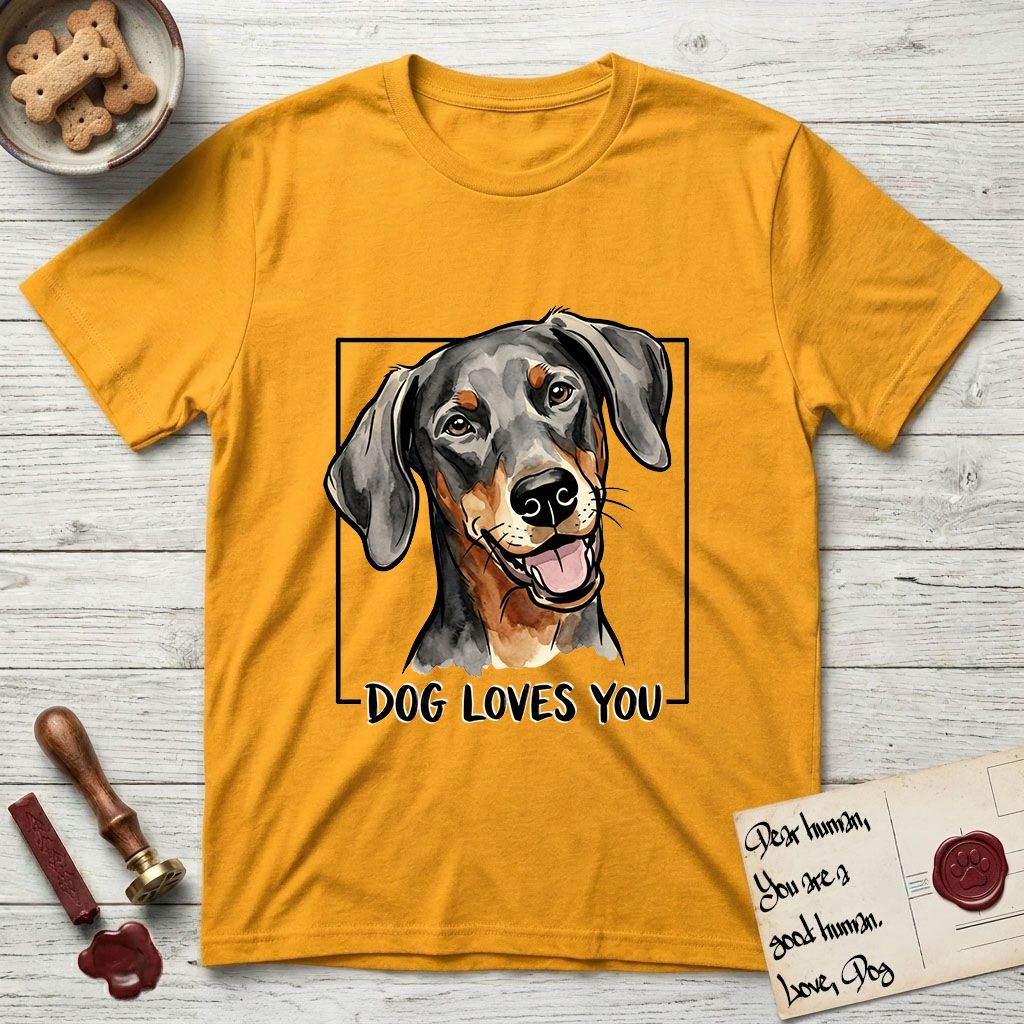 Dog Loves You Doberman T-Shirt flat lay in Gold, featuring Ink and watercolor portrait of a smiling black and rust Doberman with long natural hanging ears, head tilted inside a black frame above hand-lettered text reading DOG LOVES YOU.