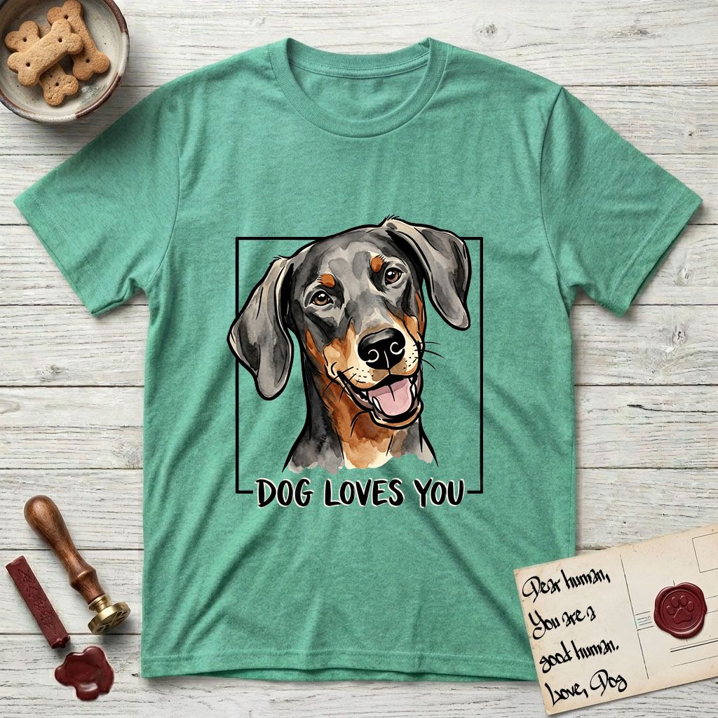 Dog Loves You Doberman T-Shirt flat lay in Heather Irish Green, featuring Ink and watercolor portrait of a smiling black and rust Doberman with long natural hanging ears, head tilted inside a black frame above hand-lettered text reading DOG LOVES YOU.