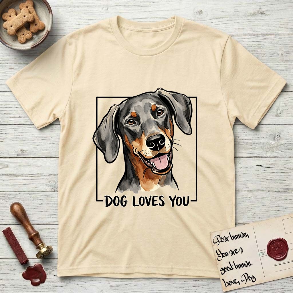 Dog Loves You Doberman T-Shirt flat lay in Natural, featuring Ink and watercolor portrait of a smiling black and rust Doberman with long natural hanging ears, head tilted inside a black frame above hand-lettered text reading DOG LOVES YOU.