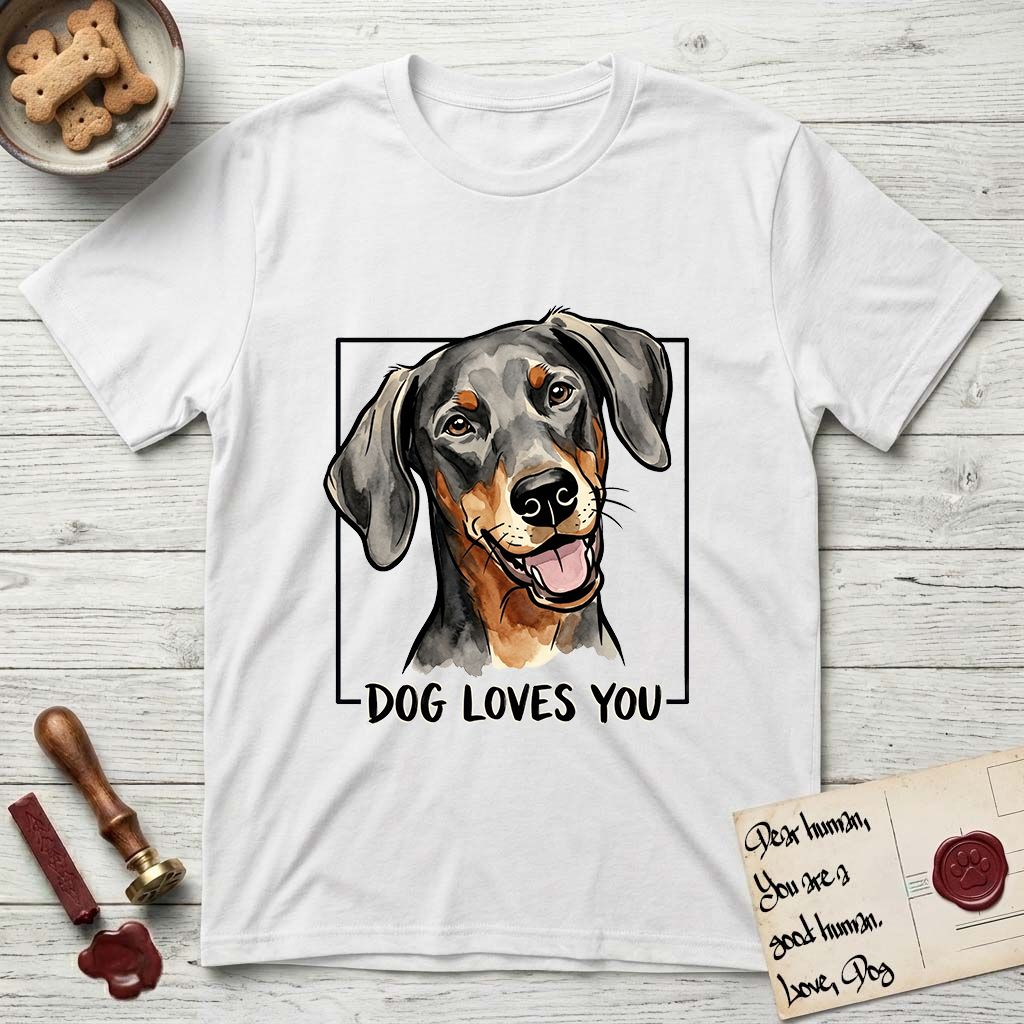 Dog Loves You Doberman T-Shirt flat lay in White, featuring Ink and watercolor portrait of a smiling black and rust Doberman with long natural hanging ears, head tilted inside a black frame above hand-lettered text reading DOG LOVES YOU.