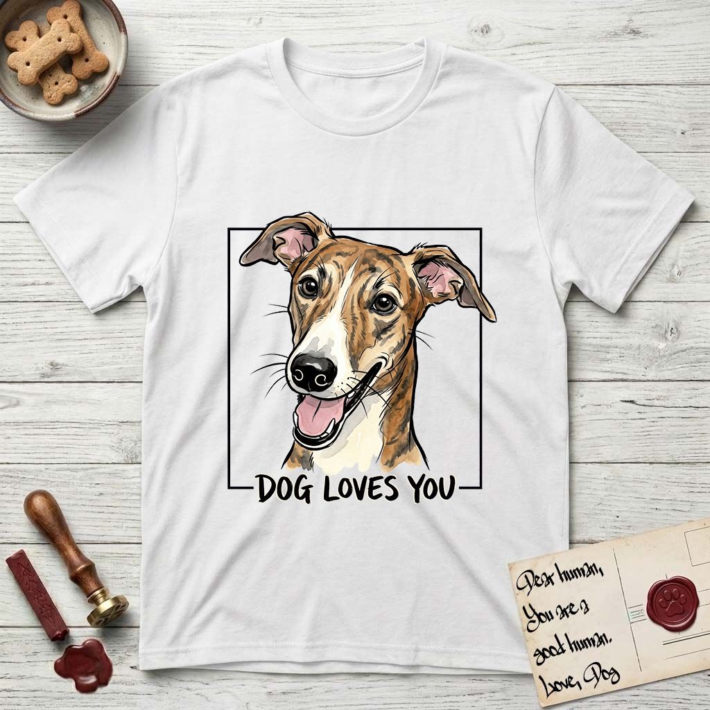 Dog Loves You Galgo T-Shirt flat lay in White, featuring Ink and watercolor portrait of a smiling brindle Galgo with a long narrow muzzle and folded rose ears, head tilted inside a black frame above hand-lettered text reading DOG LOVES YOU.