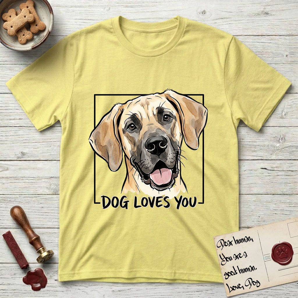 Dog Loves You Great Dane T-Shirt flat lay in Cornsilk, featuring Ink and watercolor portrait of a smiling fawn Great Dane with a black mask and natural floppy ears, head tilted inside a black frame above hand-lettered text reading DOG LOVES YOU.
