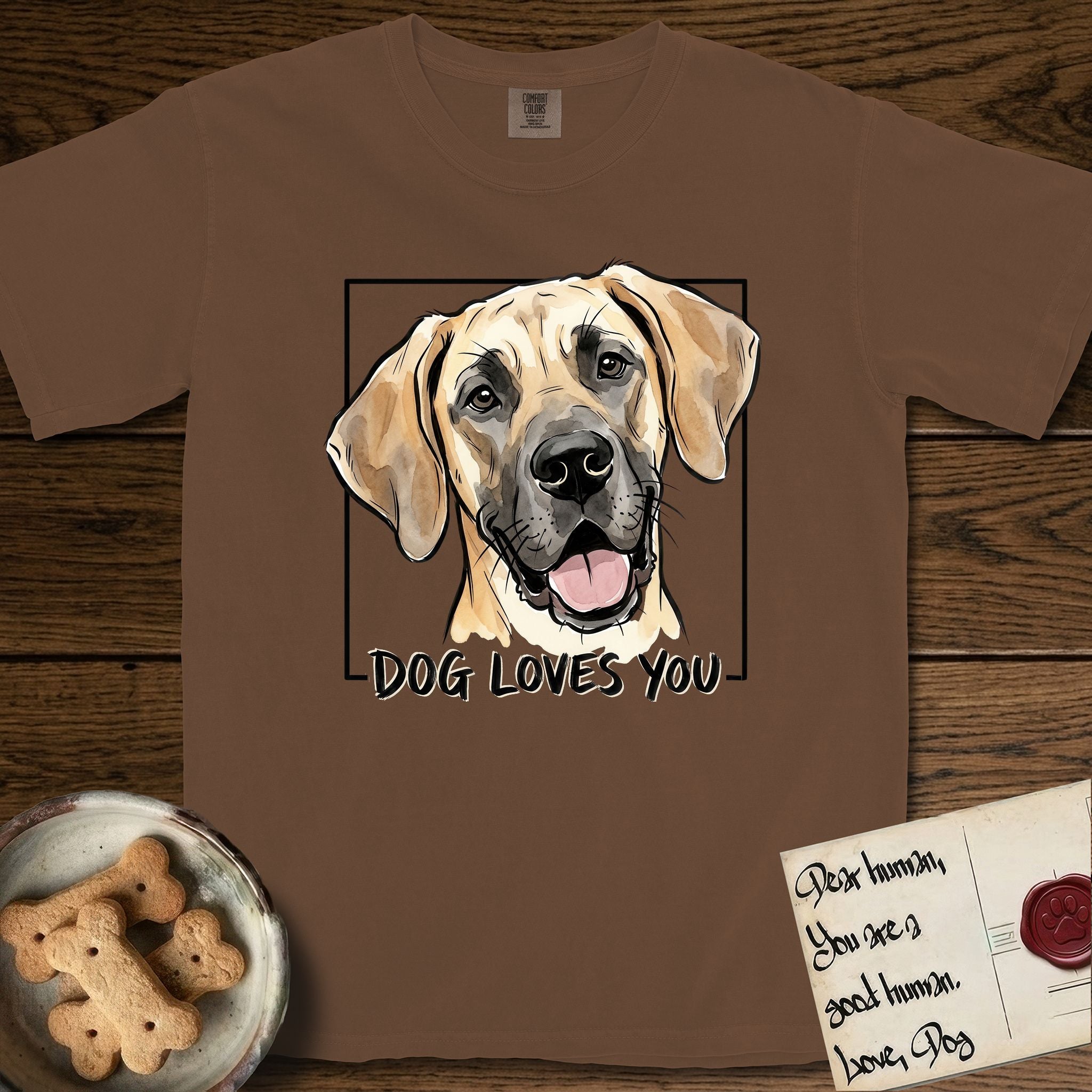 Dog Loves You Great Dane T-Shirt flat lay in Espresso, featuring Ink and watercolor portrait of a smiling fawn Great Dane with a black mask and natural floppy ears, head tilted inside a black frame above hand-lettered text reading DOG LOVES YOU.