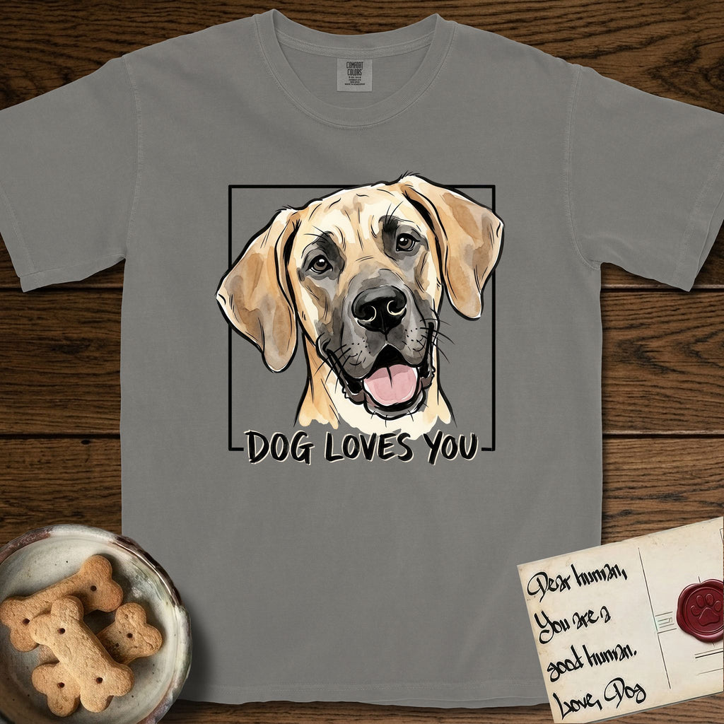 Dog Loves You Great Dane T-Shirt flat lay in Grey, featuring Ink and watercolor portrait of a smiling fawn Great Dane with a black mask and natural floppy ears, head tilted inside a black frame above hand-lettered text reading DOG LOVES YOU.