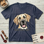 Dog Loves You Great Dane T-Shirt flat lay in Heather Navy, featuring Ink and watercolor portrait of a smiling fawn Great Dane with a black mask and natural floppy ears, head tilted inside a black frame above hand-lettered text reading DOG LOVES YOU.