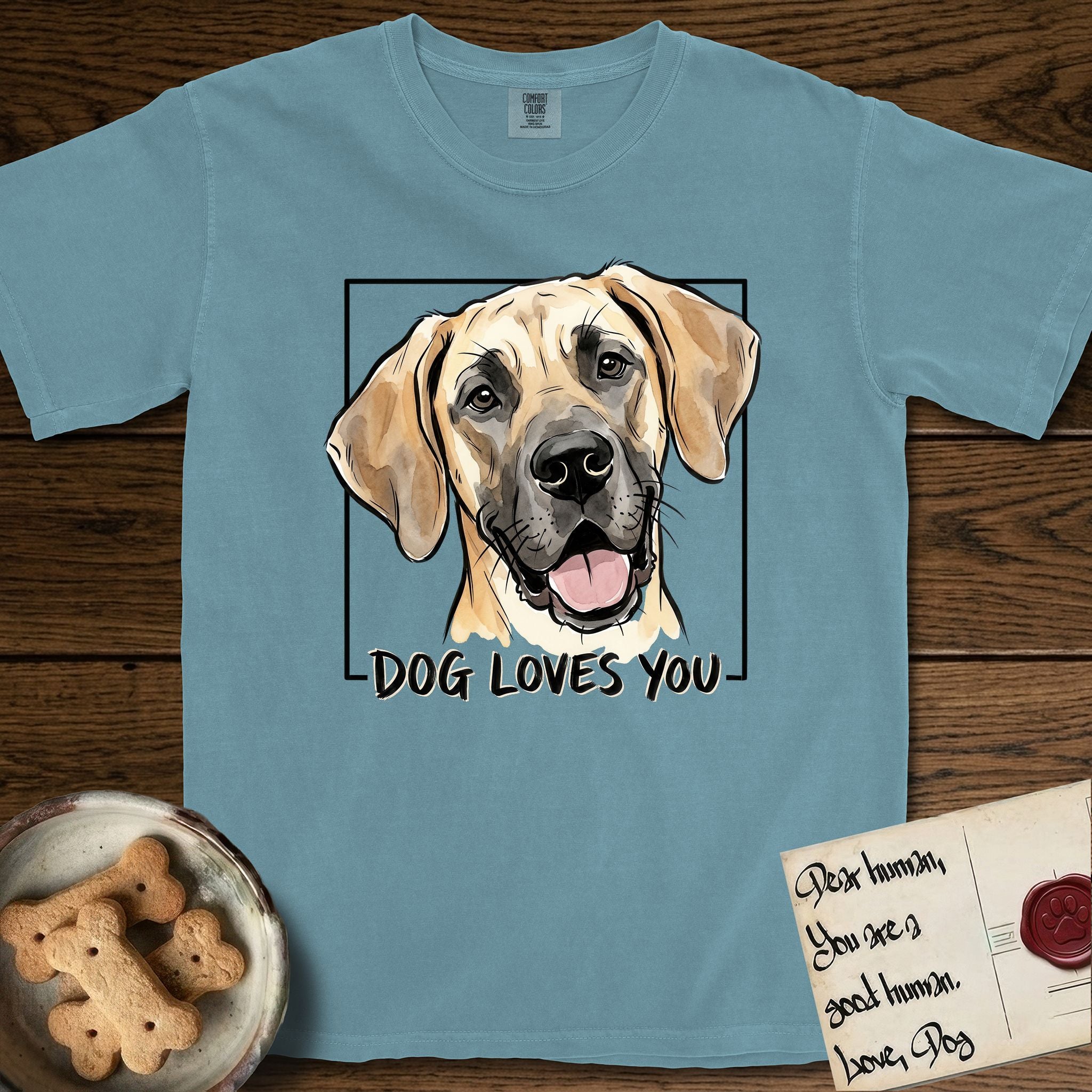Dog Loves You Great Dane T-Shirt flat lay in Ice Blue, featuring Ink and watercolor portrait of a smiling fawn Great Dane with a black mask and natural floppy ears, head tilted inside a black frame above hand-lettered text reading DOG LOVES YOU.