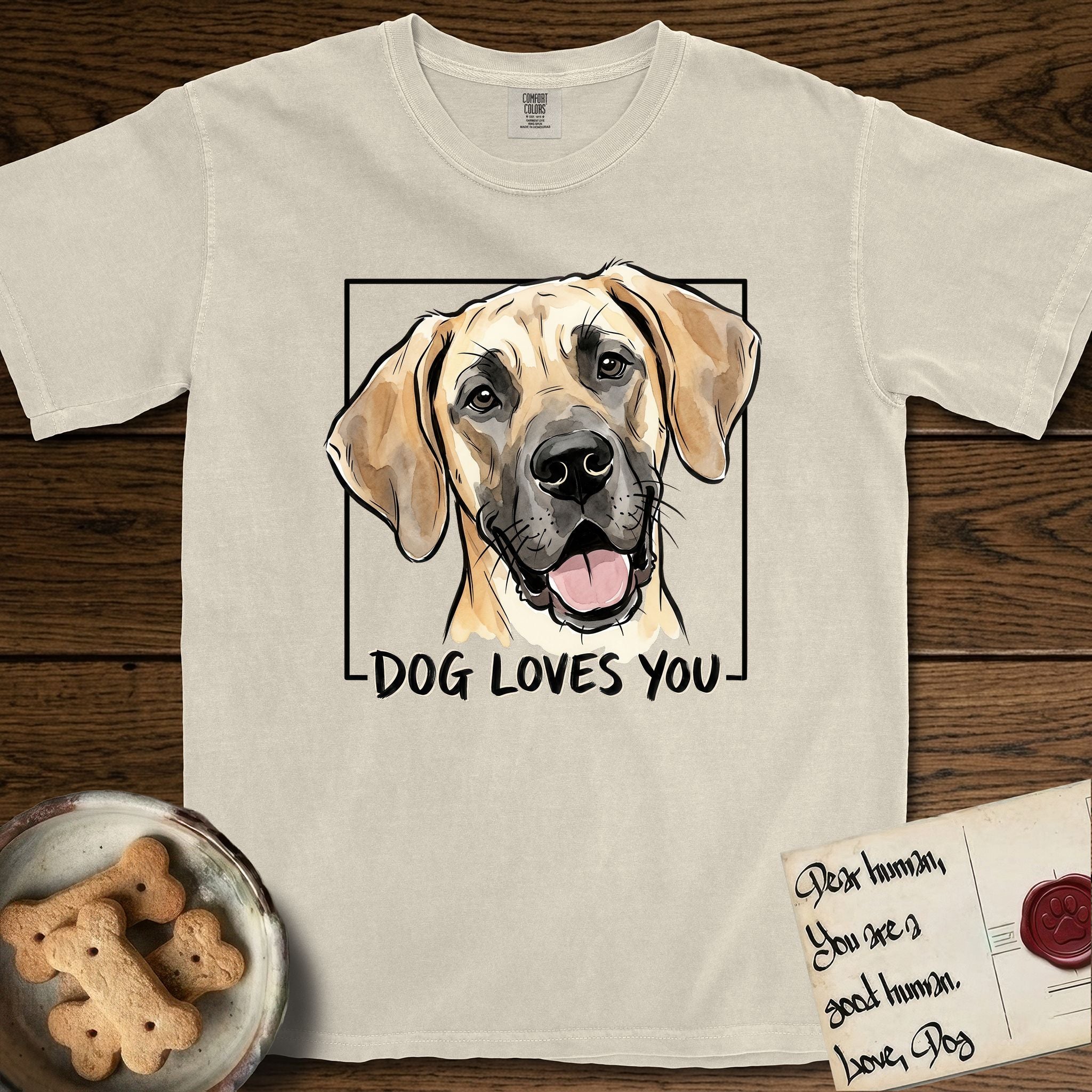 Dog Loves You Great Dane T-Shirt flat lay in Ivory, featuring Ink and watercolor portrait of a smiling fawn Great Dane with a black mask and natural floppy ears, head tilted inside a black frame above hand-lettered text reading DOG LOVES YOU.