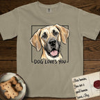 Dog Loves You Great Dane T-Shirt flat lay in Khaki, featuring Ink and watercolor portrait of a smiling fawn Great Dane with a black mask and natural floppy ears, head tilted inside a black frame above hand-lettered text reading DOG LOVES YOU.