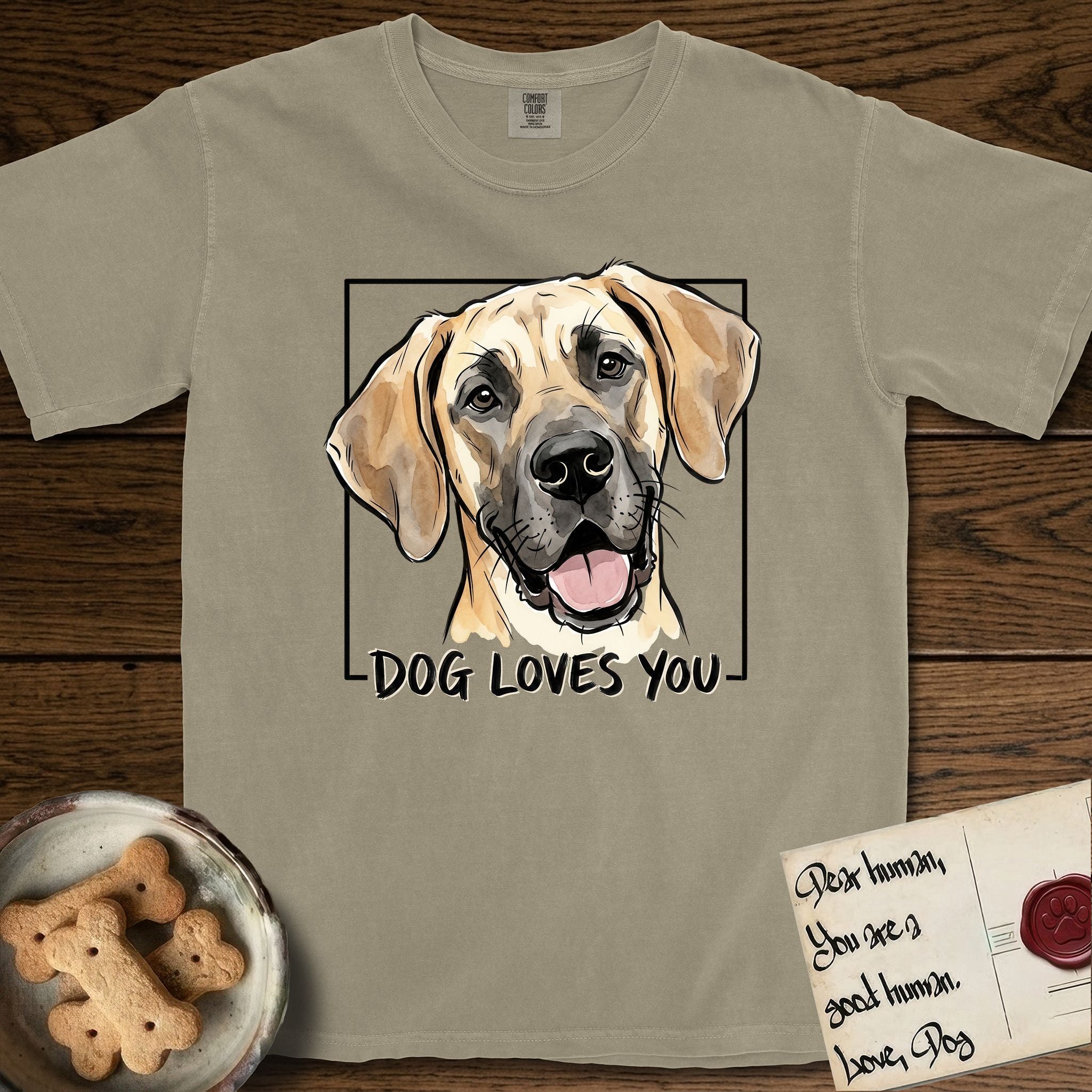 Dog Loves You Great Dane T-Shirt flat lay in Khaki, featuring Ink and watercolor portrait of a smiling fawn Great Dane with a black mask and natural floppy ears, head tilted inside a black frame above hand-lettered text reading DOG LOVES YOU.