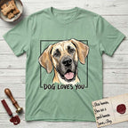 Dog Loves You Great Dane T-Shirt flat lay in Mint Green, featuring Ink and watercolor portrait of a smiling fawn Great Dane with a black mask and natural floppy ears, head tilted inside a black frame above hand-lettered text reading DOG LOVES YOU.