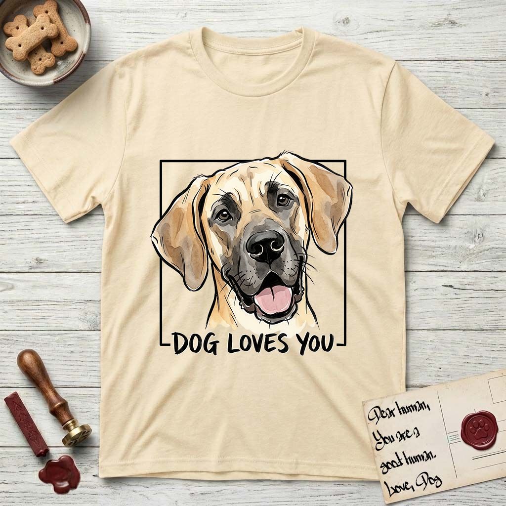 Dog Loves You Great Dane T-Shirt flat lay in Natural, featuring Ink and watercolor portrait of a smiling fawn Great Dane with a black mask and natural floppy ears, head tilted inside a black frame above hand-lettered text reading DOG LOVES YOU.