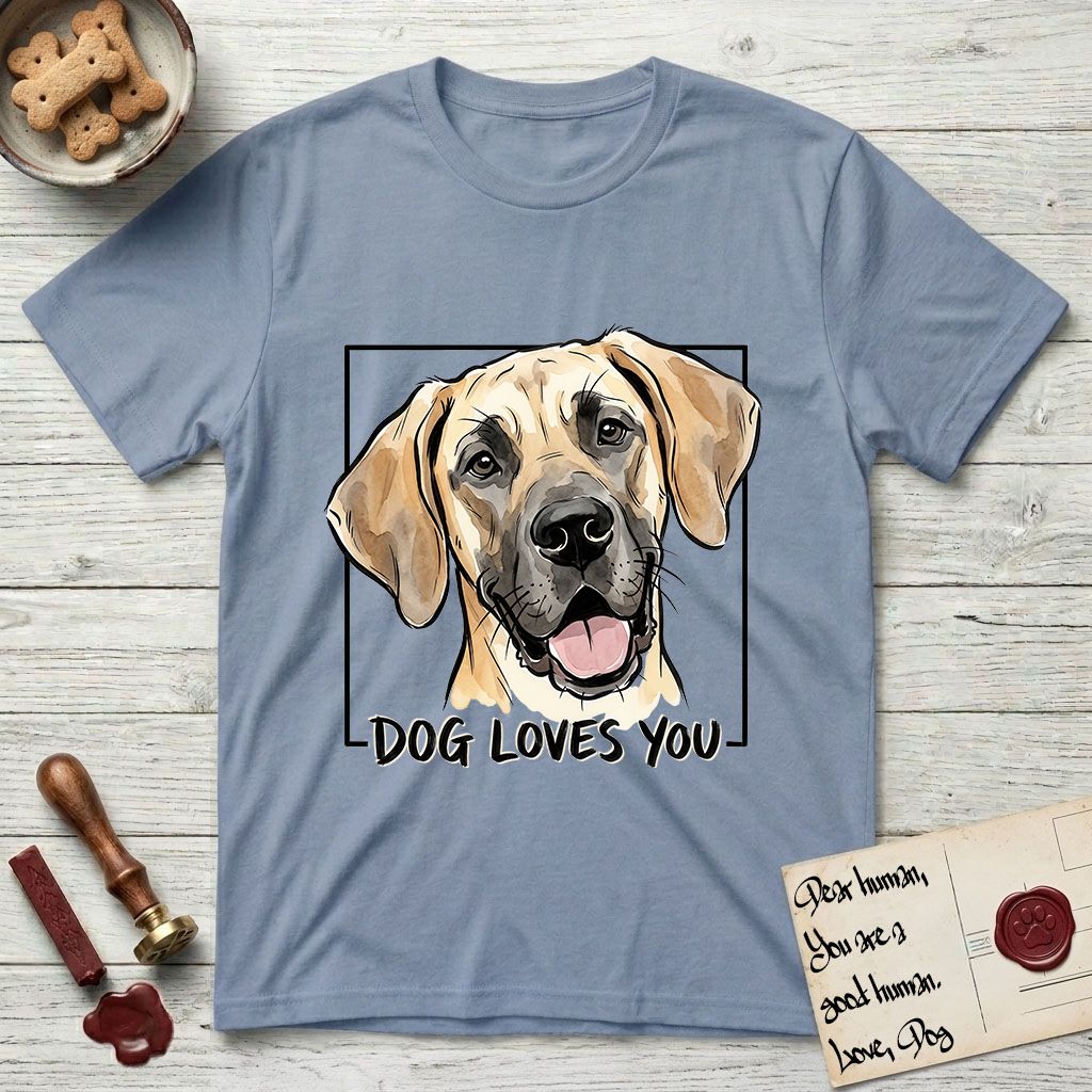 Dog Loves You Great Dane T-Shirt flat lay in Stone Blue, featuring Ink and watercolor portrait of a smiling fawn Great Dane with a black mask and natural floppy ears, head tilted inside a black frame above hand-lettered text reading DOG LOVES YOU.