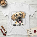 Dog Loves You Great Dane T-Shirt flat lay in White, featuring Ink and watercolor portrait of a smiling fawn Great Dane with a black mask and natural floppy ears, head tilted inside a black frame above hand-lettered text reading DOG LOVES YOU.