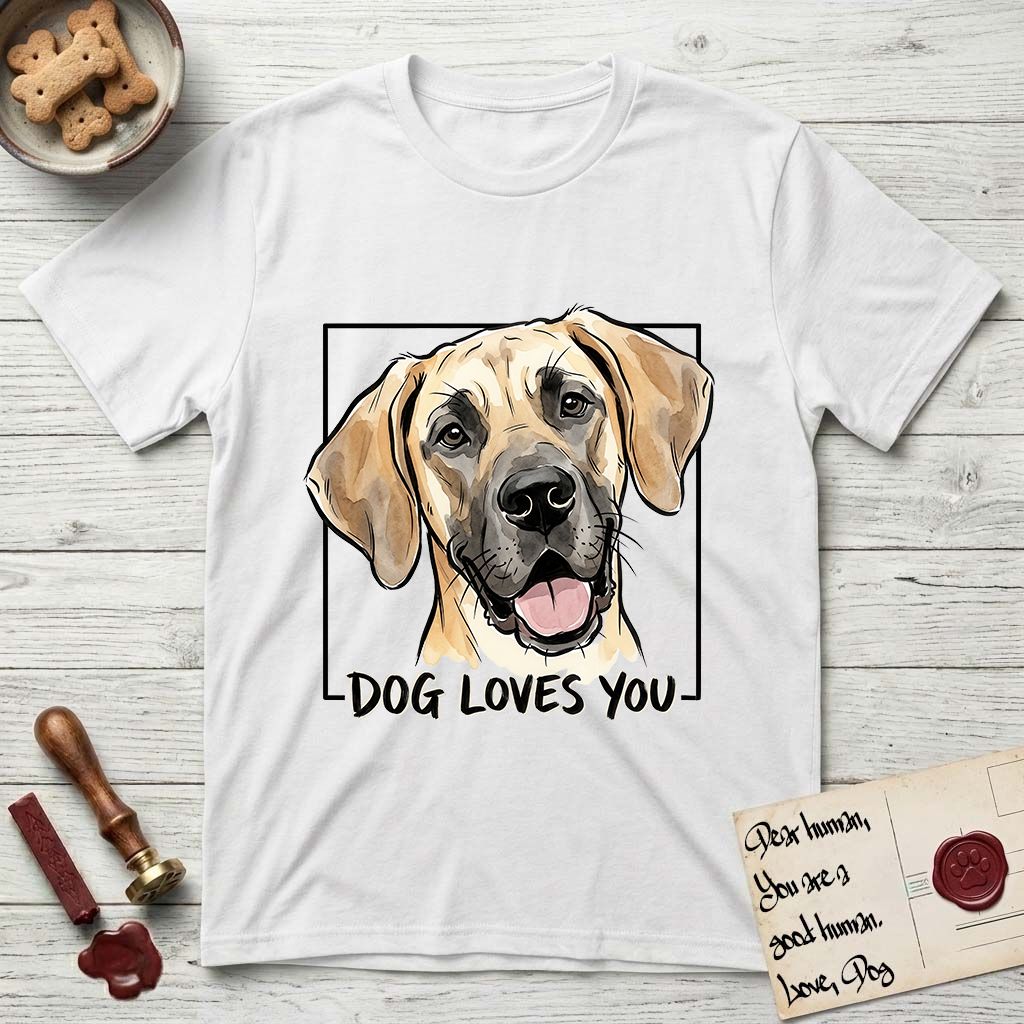 Dog Loves You Great Dane T-Shirt flat lay in White, featuring Ink and watercolor portrait of a smiling fawn Great Dane with a black mask and natural floppy ears, head tilted inside a black frame above hand-lettered text reading DOG LOVES YOU.